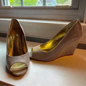 Gold sparkly open toe wedges